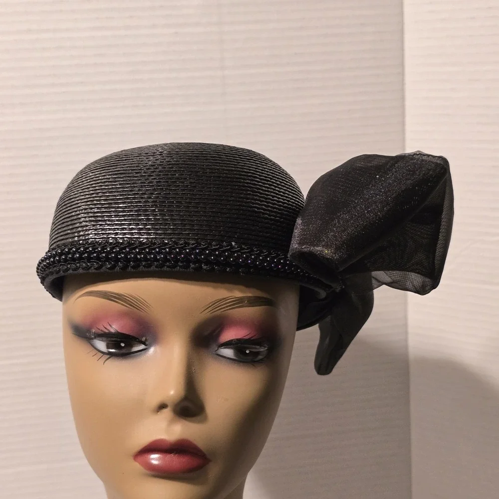 Vintage Deborah New York Black Woven Pillbox‎ Hat Beaded Trim Large Bow Accent
